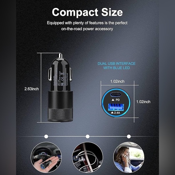 30W USB C Car Charger PD 3.0 Fast Charge Dual Port USB Type C 2.4a USB A Cagardo - Picture 6 of 11